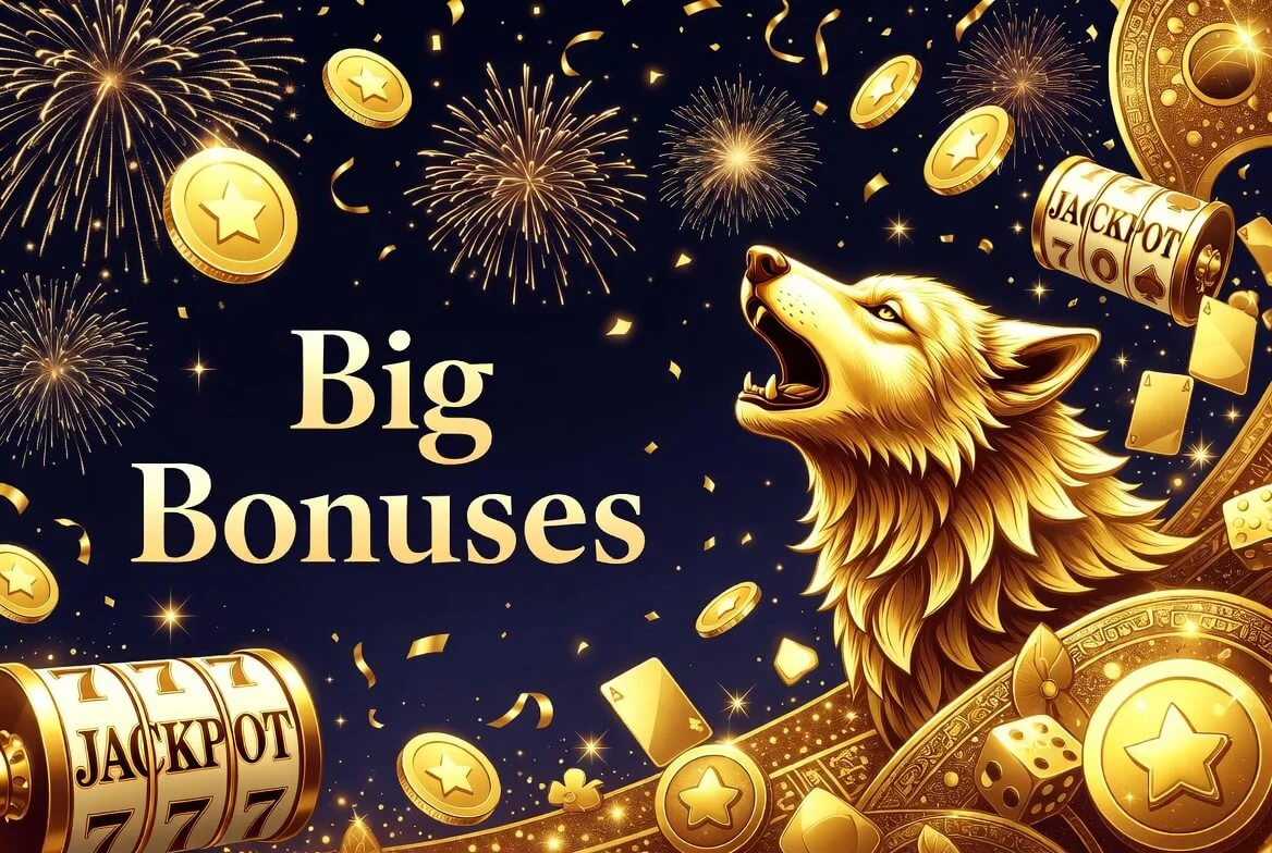 Welcome package artwork with match bonuses and free spins